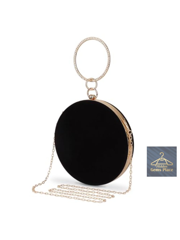 Round Velvet Clutch Purse With Rhinestones - Formal Evening Bag